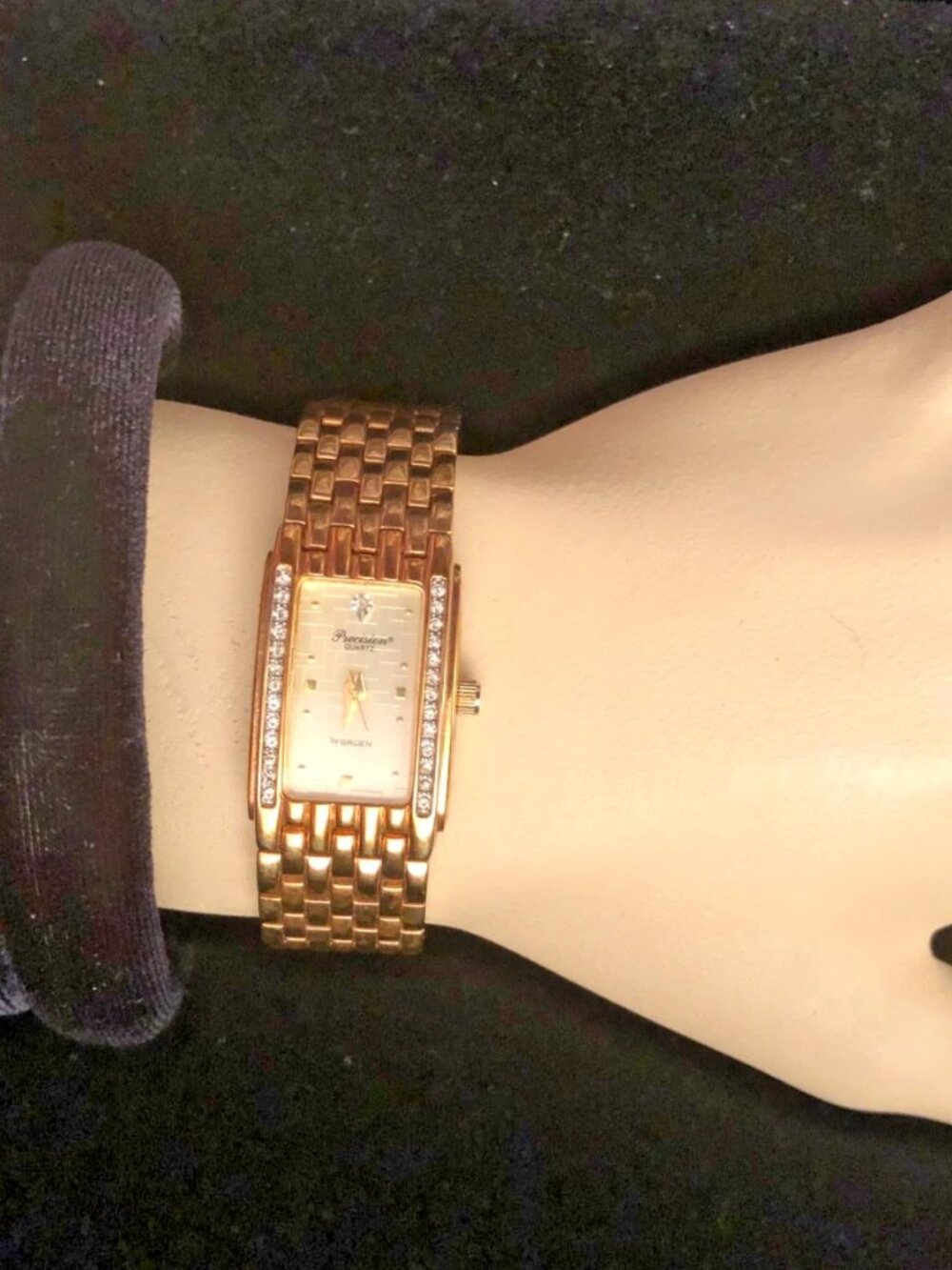 Precision Gruen Gold Tone Crystal Bezel Quartz Women's Watch 6.25"  GP3039